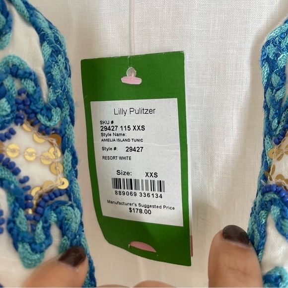 Lilly Pulitzer Amelia Embroidered Beaded Linen Island Tunic White Blue XXS NWT - Picture 8 of 9